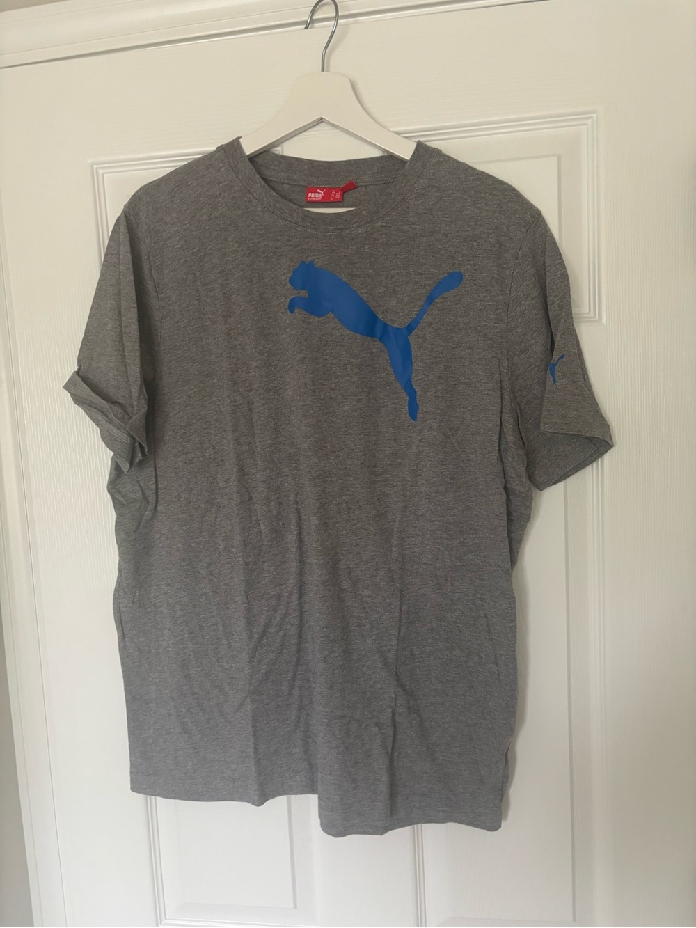 Puma Men's Gray Short Sleeve Tee with Blue Puma Logo